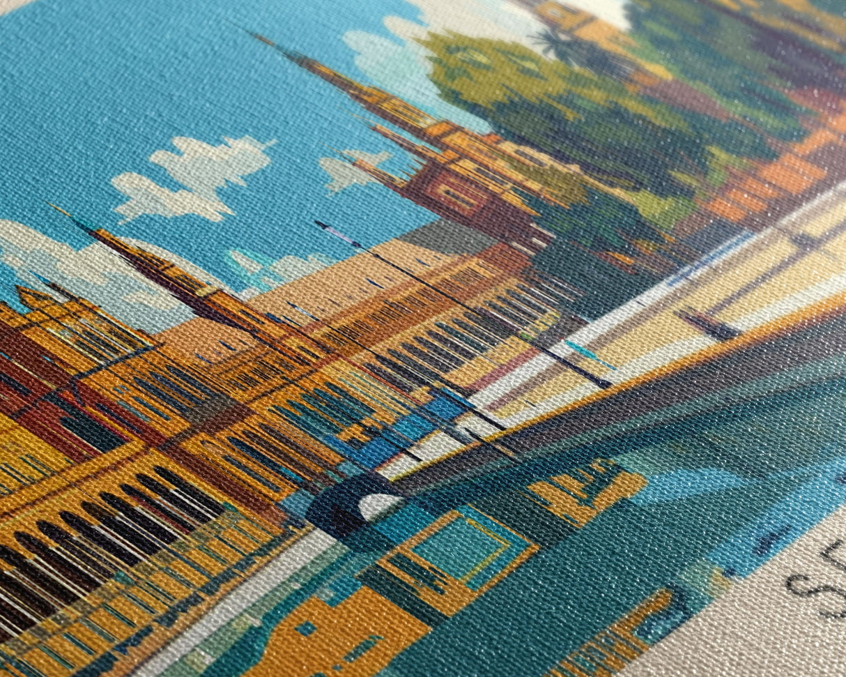 Seville Spain Panoramic Travel Poster, Framed Canvas Print or Metal Wall Art, Travel Art, Home Decor, Panoramic Painting, Midcentury Art