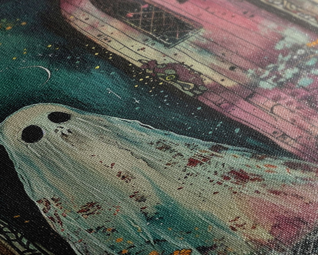 Ghostly Figure at Haunted Door Framed Canvas Print, Halloween Spirit Decor, Spooky Ghost Art, Haunted House Wall Art, Creepy Ghostly Print