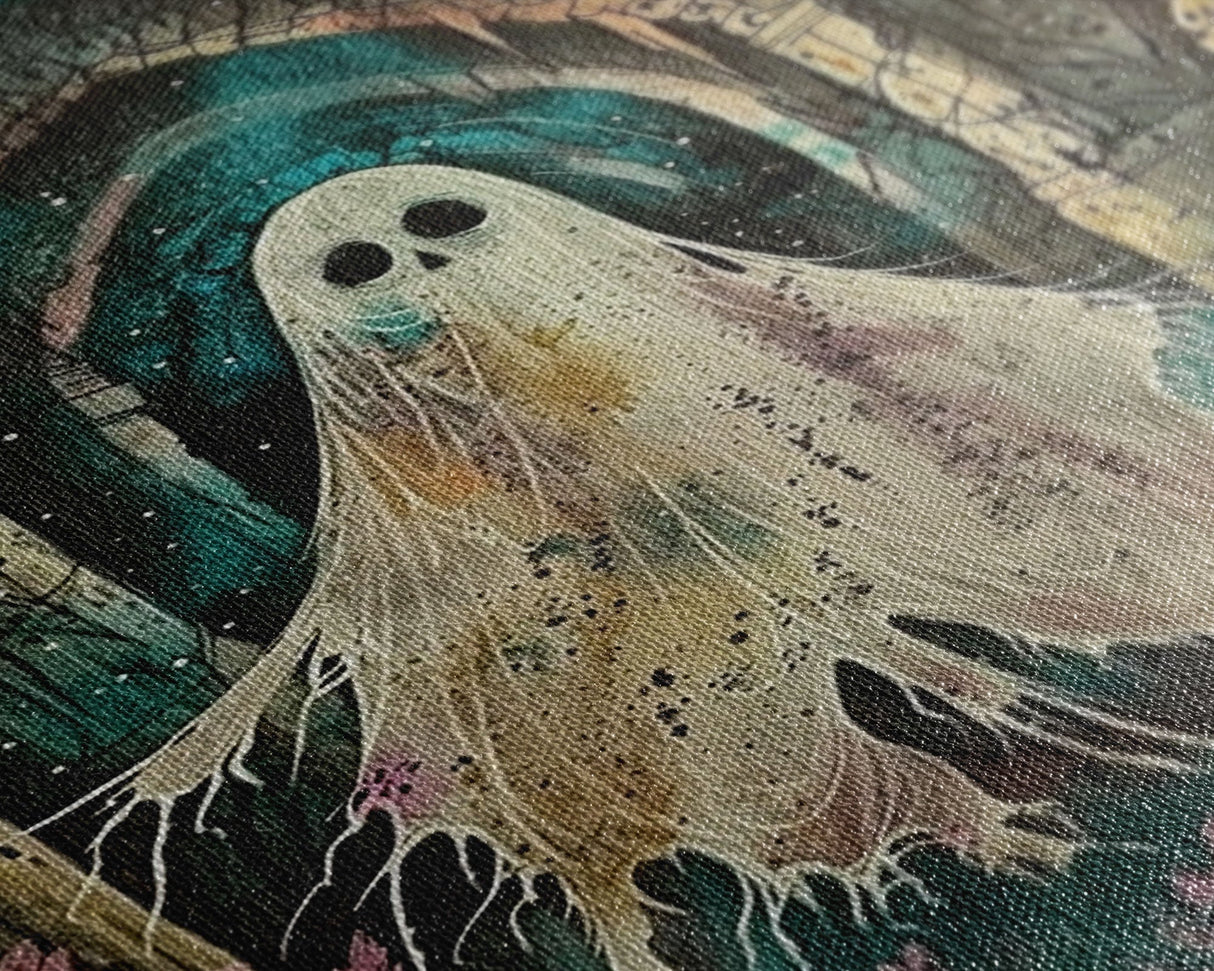 Ghostly Figure in Ancient Ruins Framed Canvas Print, Haunted Ruins Decor, Halloween Ghost Art, Eerie Ghostly Wall Art, Spooky Ghost Print