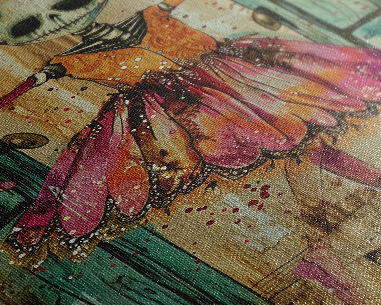 Spooky Skeleton Ballerina, Framed Canvas Print, Halloween Wall Art