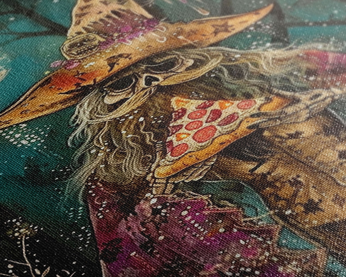 Ghostly Wizard Having A Slice of Pizza, Funny Halloween Decor, Framed Canvas Print