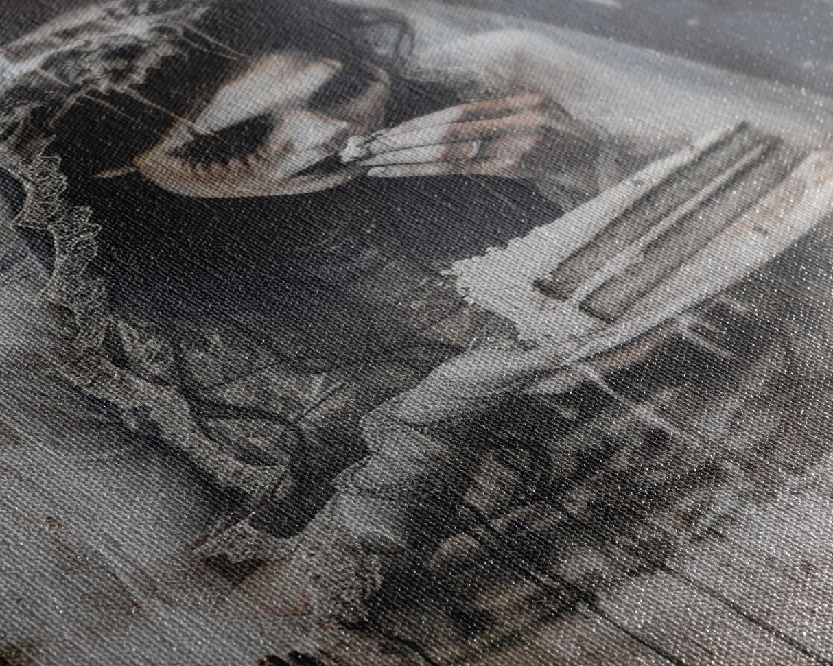 Melancholic Ghost Bride Having A Slice of Birthday Cake, Framed Canvas Print, Halloween Decor