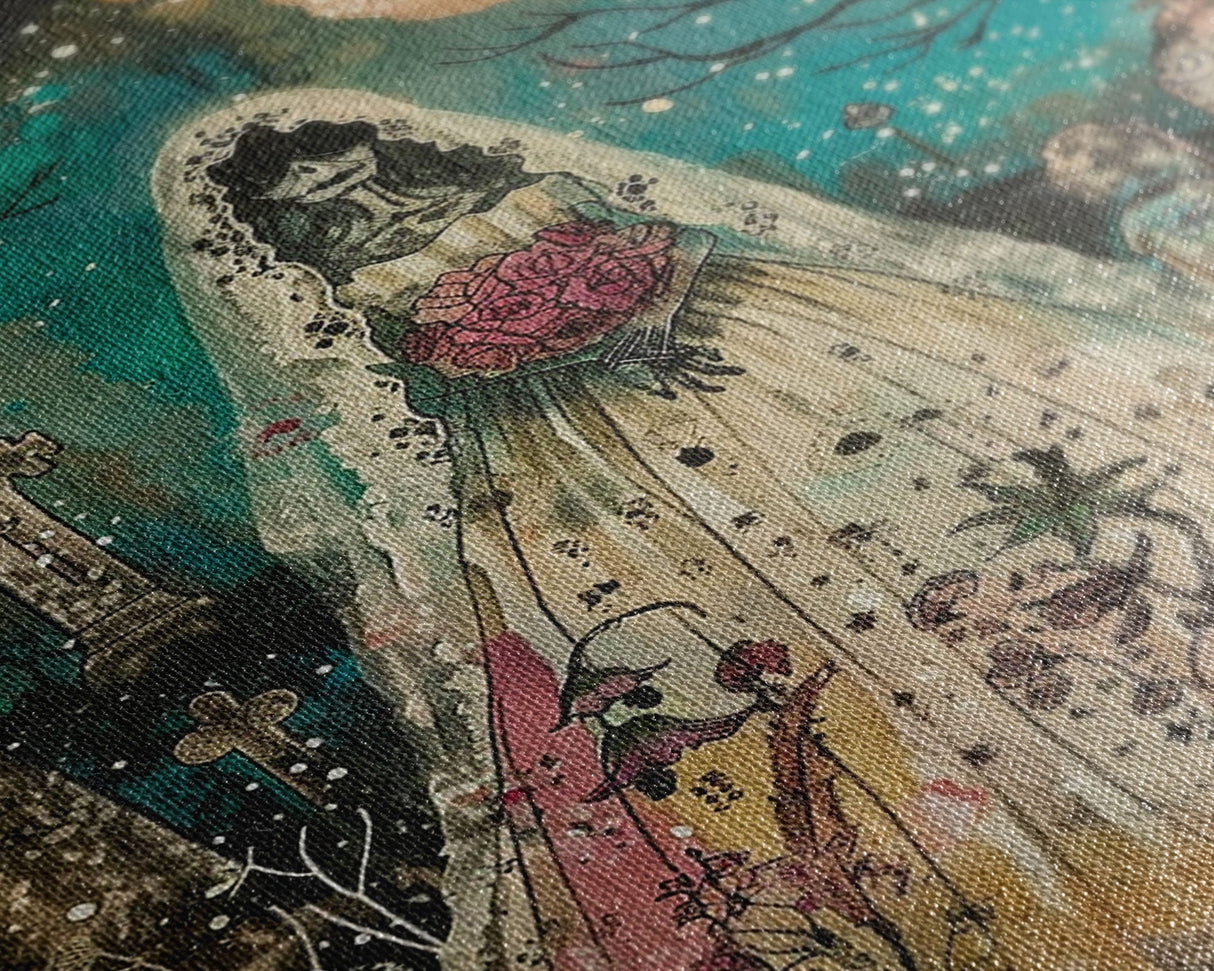 Halloween Skeleton Bride in Cemetery, Framed Canvas Print, Wall Art, Living Room Decor, Spooky, Skeleton Art, Original Painting, Home Decor