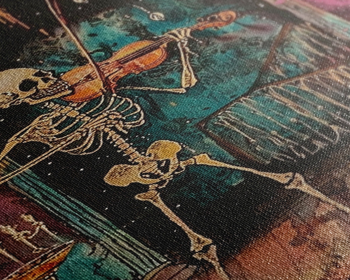 Halloween Skeleton Playing Violin, Framed Canvas Print, Wall Art, Living Room Decor, Spooky, Skeleton Art, Original Painting