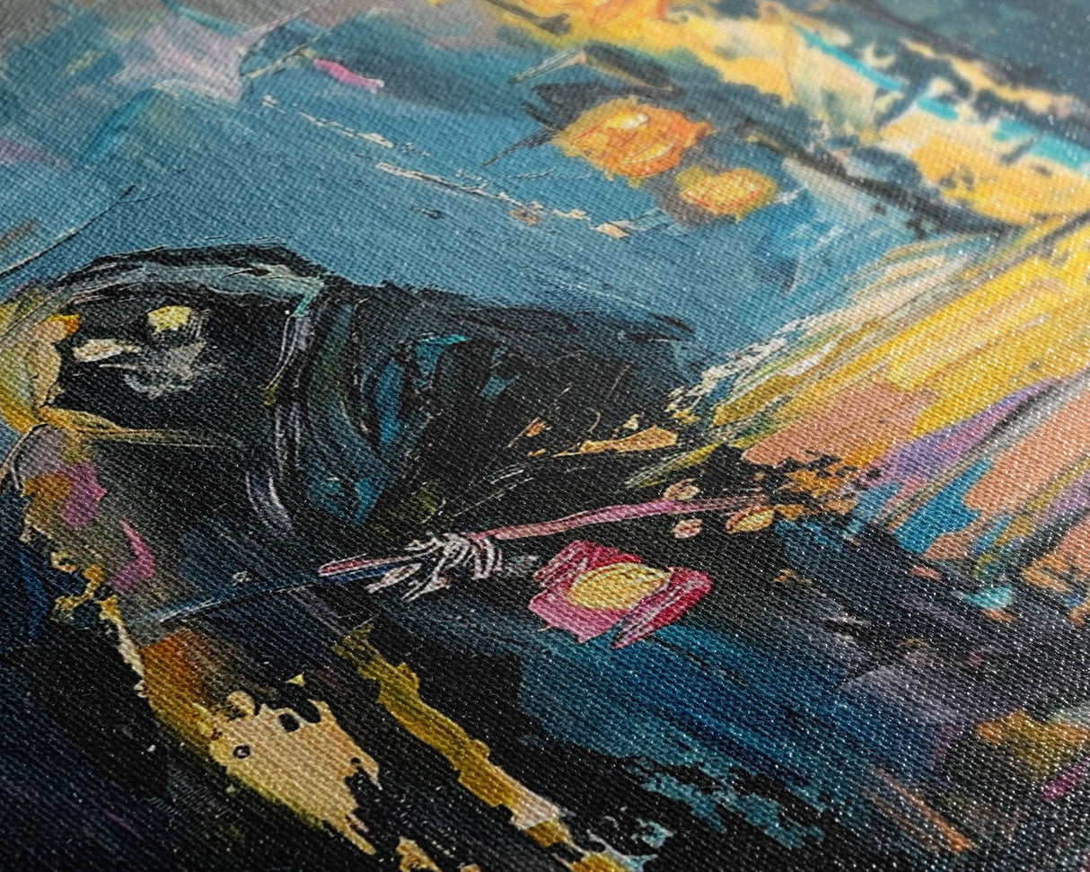 Halloween Grim Reaper with Lantern, Framed Canvas Print, Wall Art, Living Room Decor, Spooky, Grim Reaper Art, Original Painting