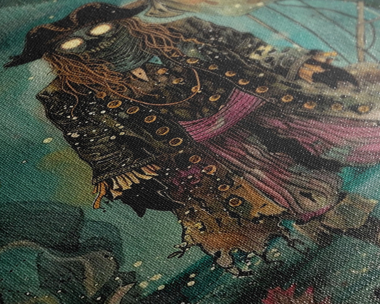 Halloween Ghost Pirate Under Full Moon Framed Canvas Print, Spooky Decor, Living Room Art, Nautical Halloween Wall Art, Home Decoration