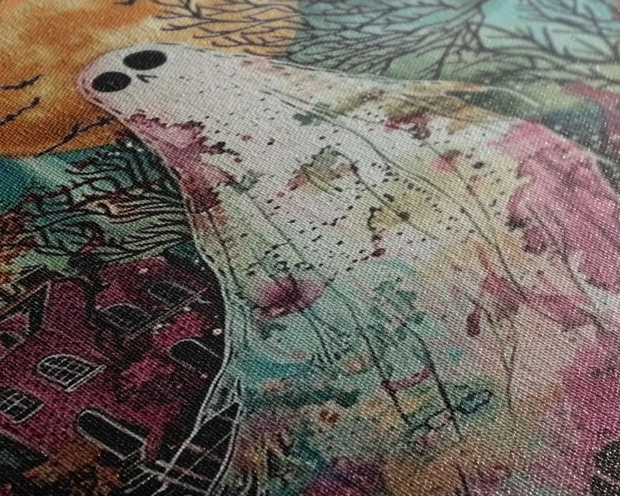 Halloween Ghost in Haunted Forest Framed Canvas Print, Spooky Decor, Living Room Art, Creepy Halloween Wall Art, Home Decoration