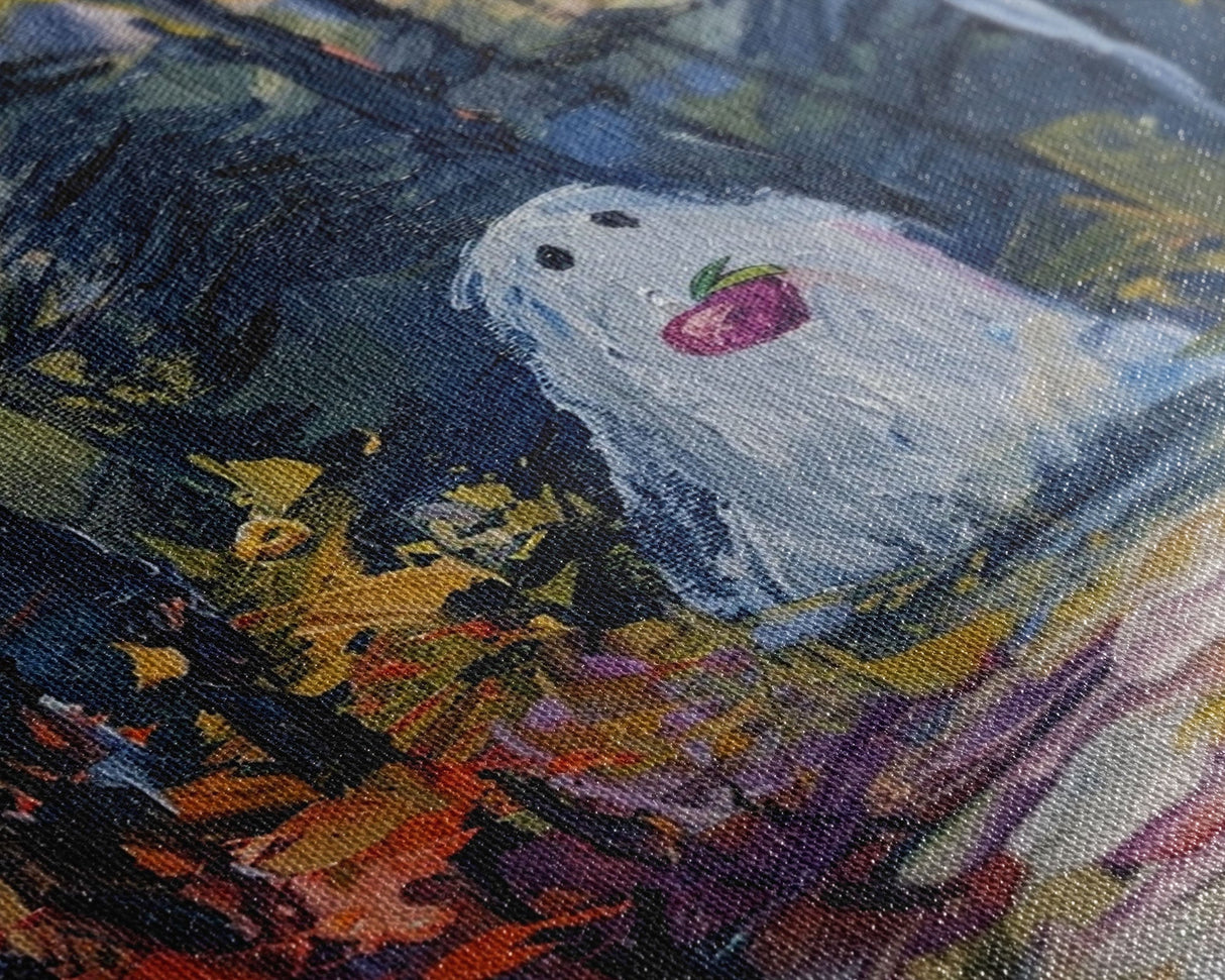 Halloween Ghost in Forest with Apple Framed Canvas Print, Whimsical Spooky Decor, Living Room Art, Fun Halloween Art, Home Decor, Retro Art