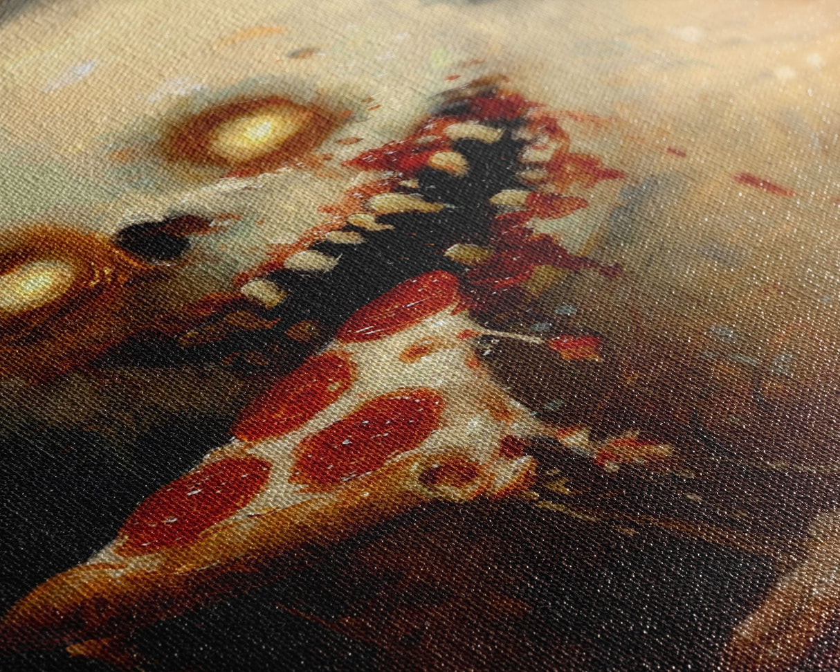 Halloween Ghost with Pizza Framed Canvas Print, Unique Spooky Decor, Living Room Art, Fun Halloween Wall Art, Home Decor, Retro Style Art