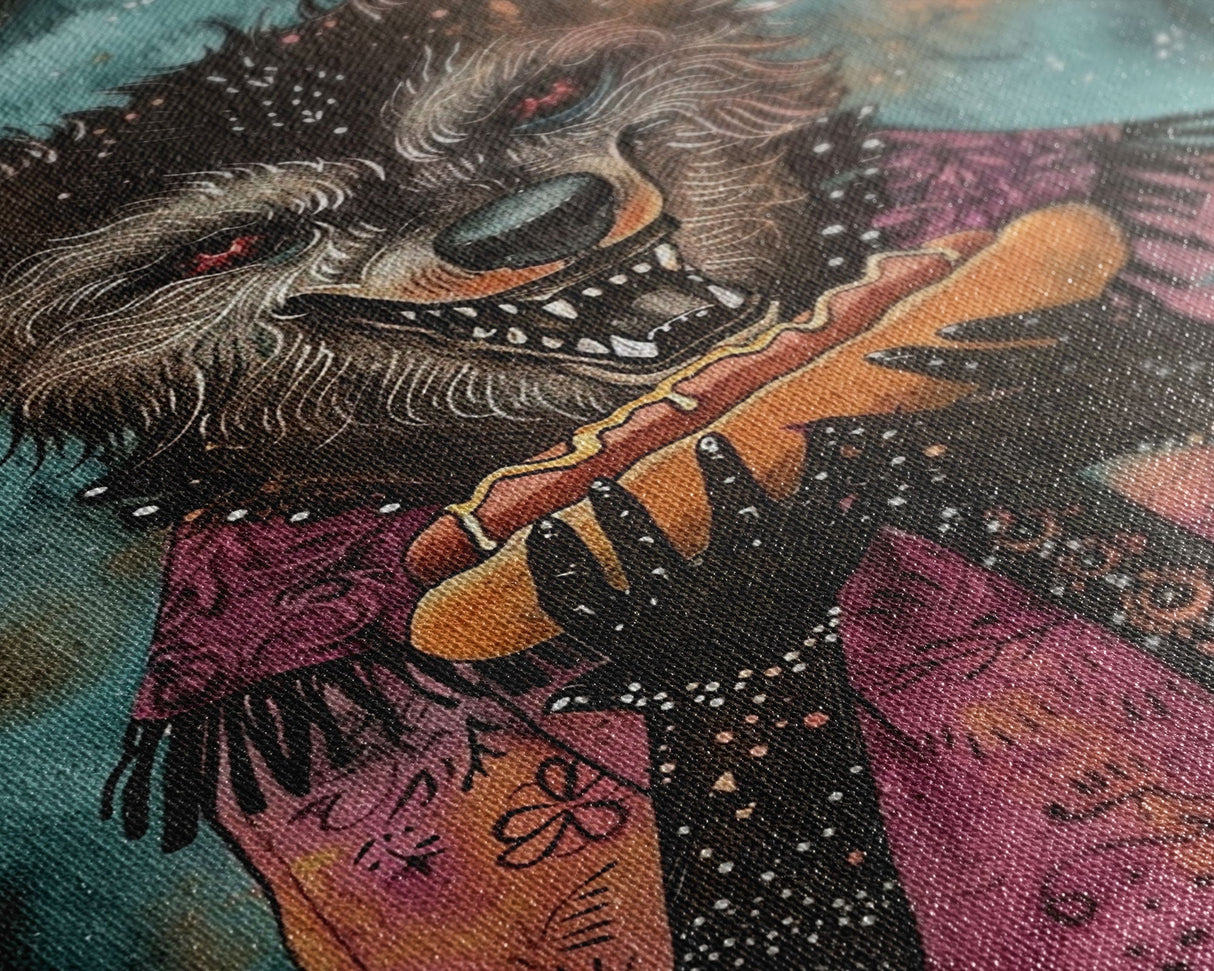 Halloween Werewolf with Hotdog, Framed Canvas Print, Wall Art, Home Decor, Spooky Artwork, Monster Decor, Halloween Decor, Funny Halloween