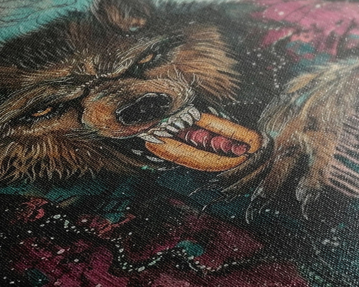 Halloween Werewolf Snarling with Hotdog, Framed Canvas Print, Wall Art, Home Decor, Spooky Artwork, Monster Decor, Halloween Decor