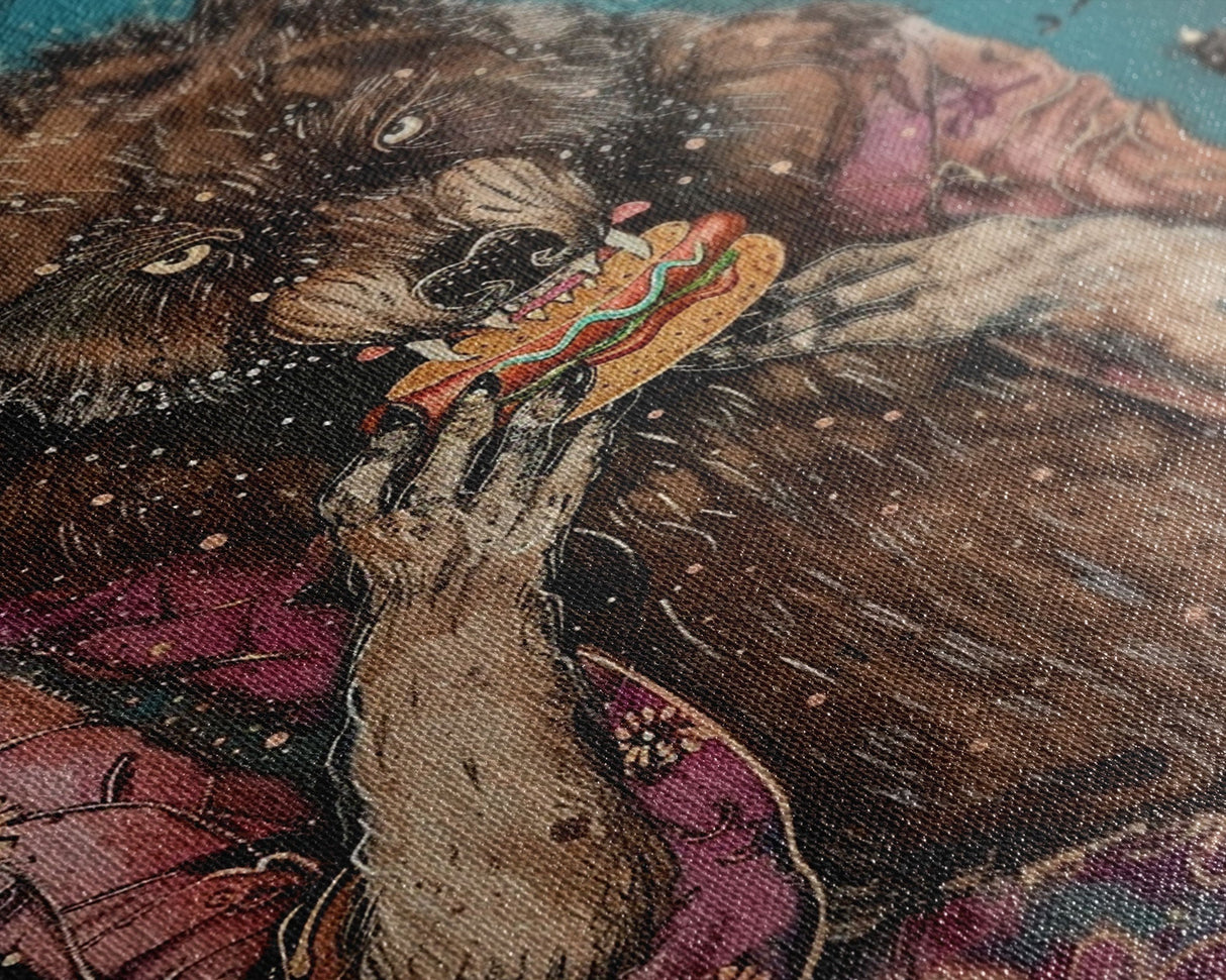 Halloween Werewolf Enjoying Hotdog, Framed Canvas Print, Wall Art, Home Decor, Spooky Artwork, Fantasy Decor, Halloween Decor, Holiday Gift