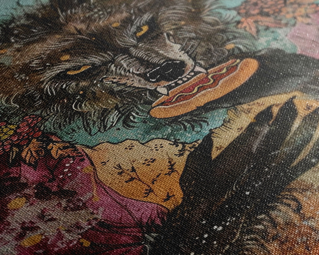 Halloween Werewolf Holding Hotdog, Framed Canvas Print, Wall Art, Home Decor, Spooky Artwork, Fantasy Decor, Halloween Decor