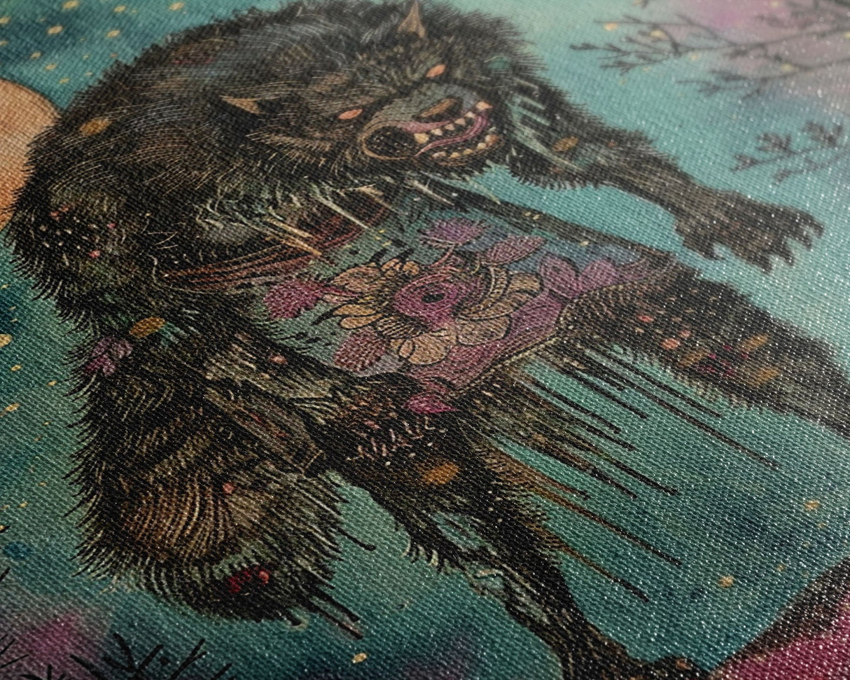 Halloween Spooky Full Moon Werewolf Framed Canvas Print, Wall Art, Living Room Decor, Halloween Decoration, Scary Wall Hanging, Haunted Art