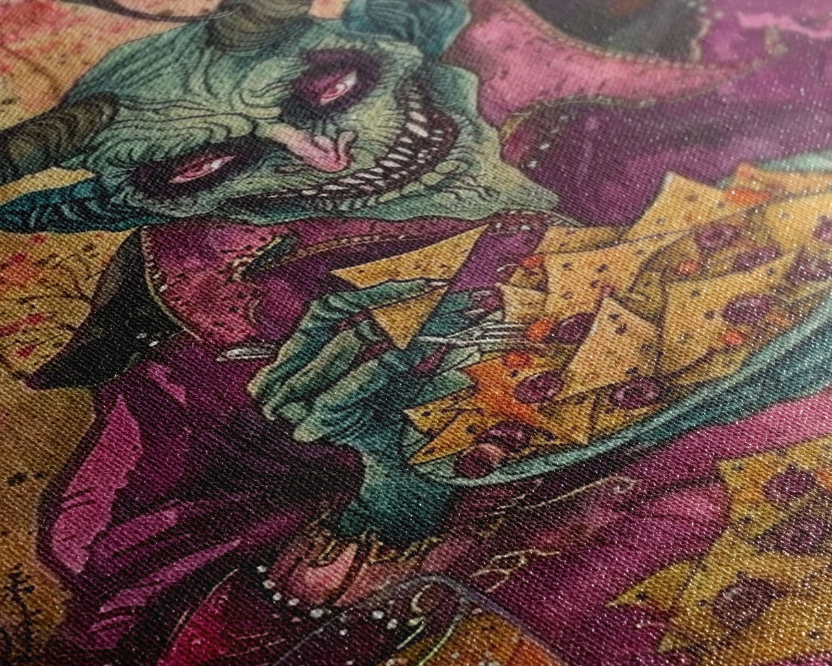 Spooky Demon Eating Chips Framed Canvas Print, Halloween Art, Unique Wall Art, Creepy Home Decor, Scary Art, Spooky Living Room Decor