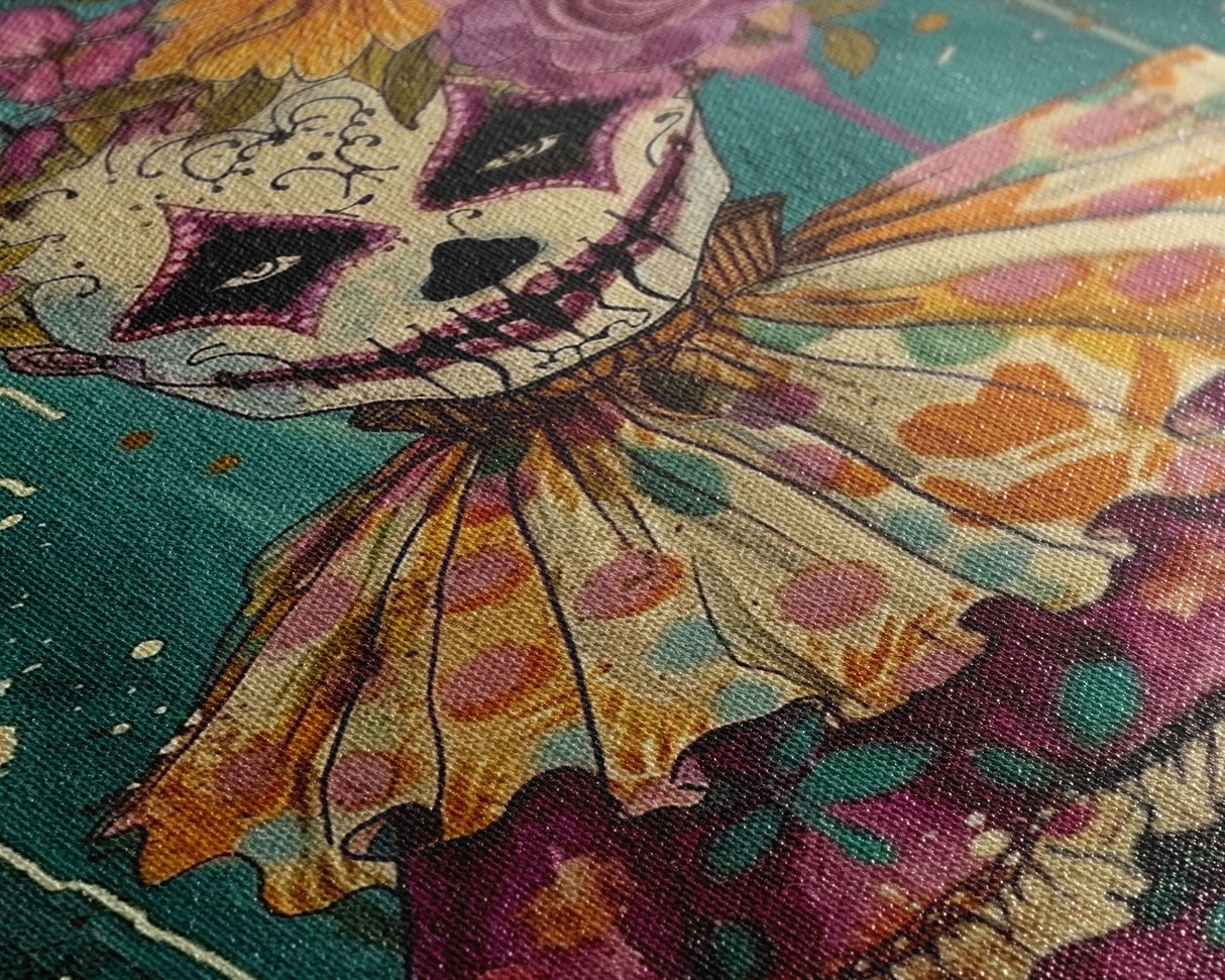 Day of the Dead Doll with Floral Crown Framed Canvas Print, Halloween Art, Creepy Wall Art, Spooky Home Decor, Scary Art, Unique Wall Decor