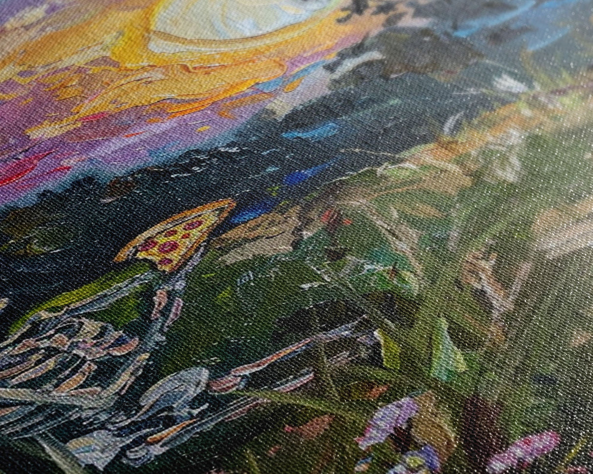 Graveyard Pizza Party Framed Canvas print, Skeleton Eating Pizza In a Cemetary Halloween Decor