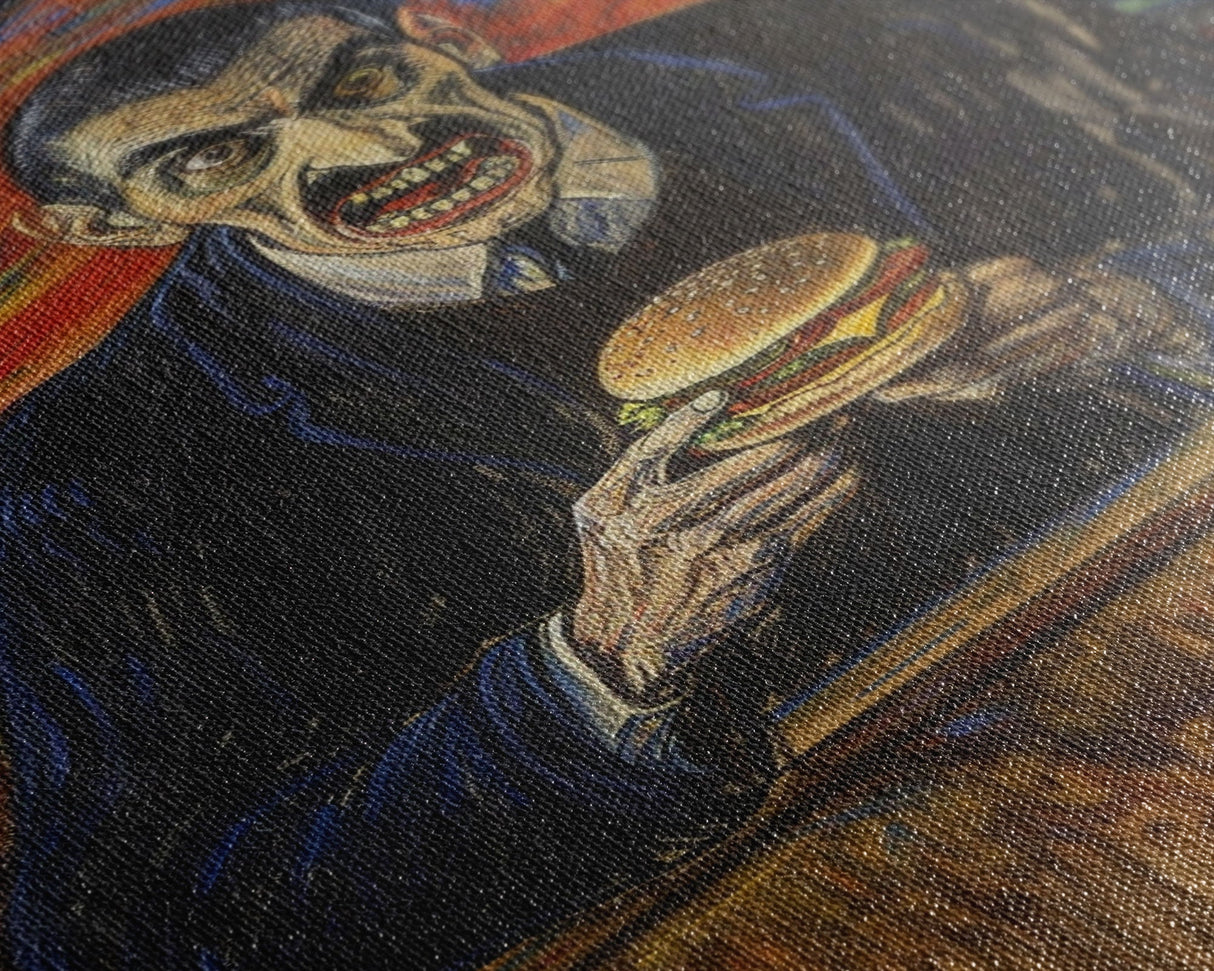 Spooky Artwork of a Man Eating a Hamburger, Inspired by the Scream, Ideal for Adding a Touch of Horror and Humor to Halloween Decor