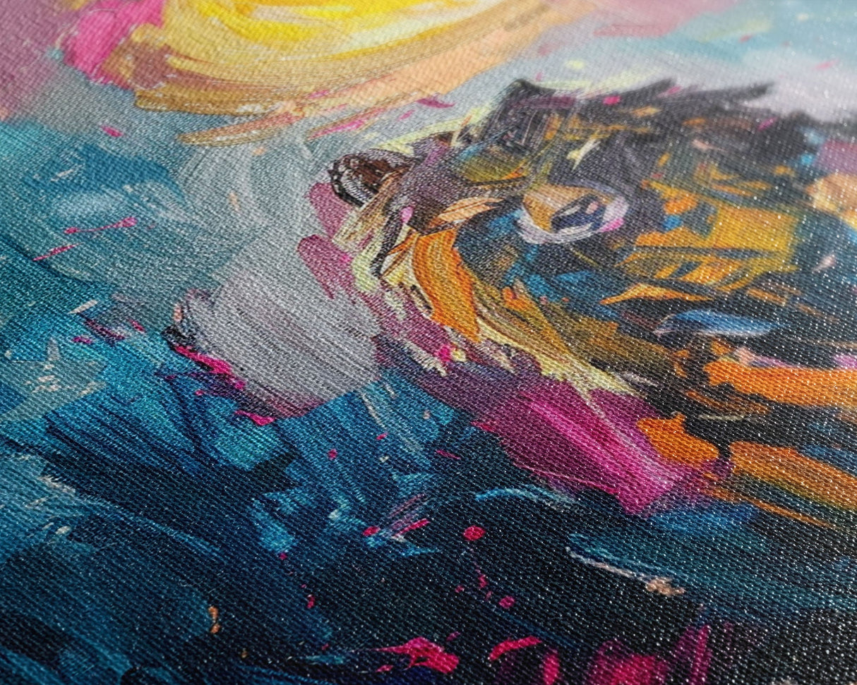 Halloween Art of a Werewolf in a Dress Eating Pizza Under the Moonlight, Perfect for Adding a Playful Touch to Spooky Decor