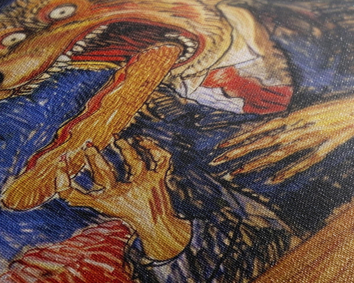 Business Werewolf Eating a Hot Dog, Framed Canvas print, Funny Halloween Art, Spooky Season, The Scream Inspired Funny Art