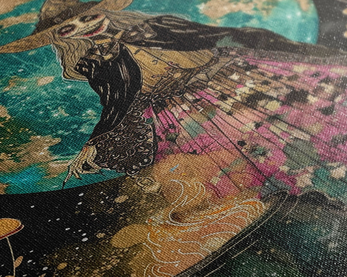 Spooky Witch with Cauldron Under Full Moon Framed Canvas Print | Halloween Witch Art | Witch Decor for Home | Magical Halloween Artwork