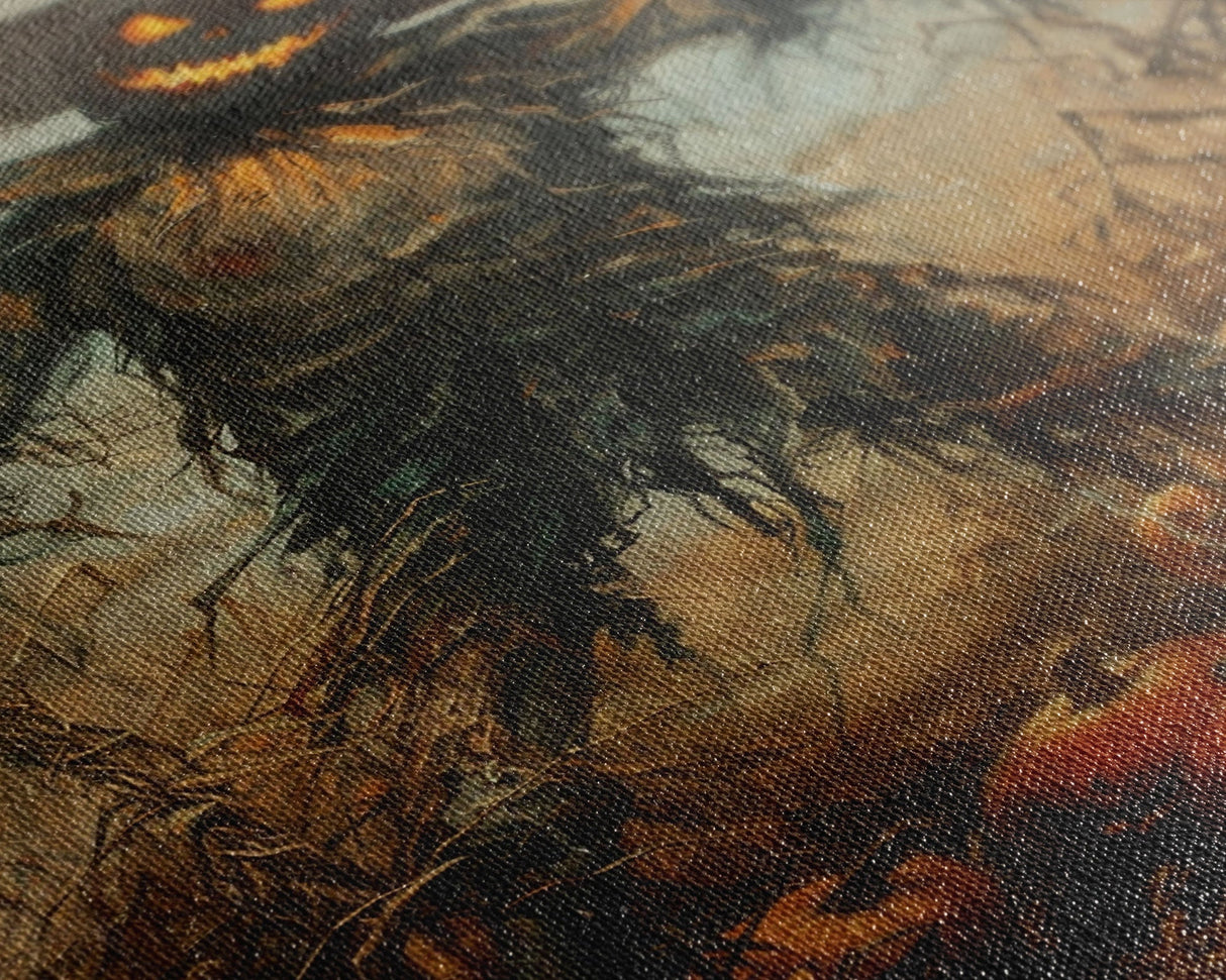 Sinister Scarecrow in Pumpkin Patch | Halloween Wall Art | Spooky Home Decor | Creepy Pumpkin Scarecrow Painting | Framed Canvas Print