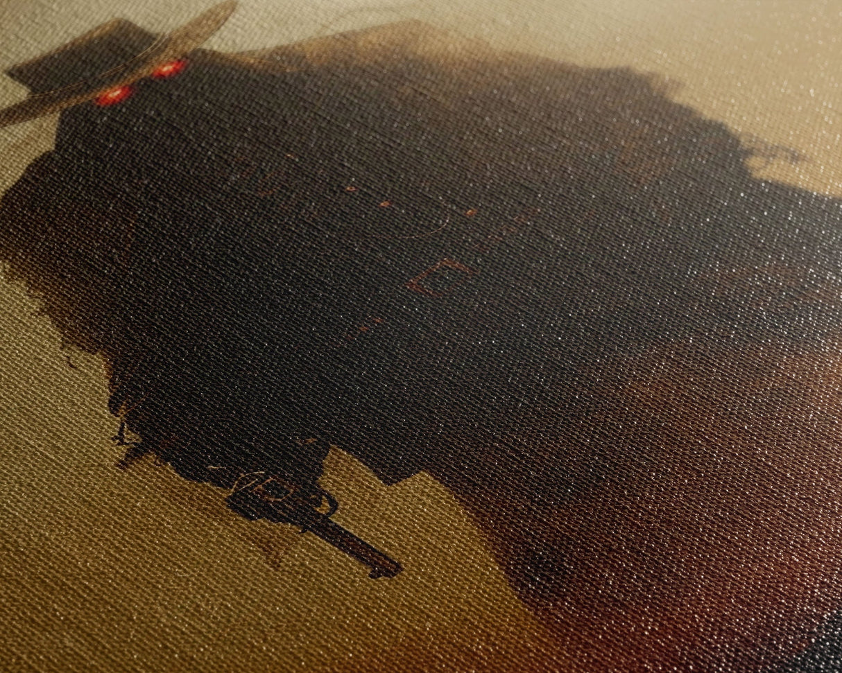 Mysterious Cowboy with Glowing Red Eyes in Desert | Halloween Wall Art | Spooky Home Decor | Creepy Cowboy Painting | Framed Canvas Print