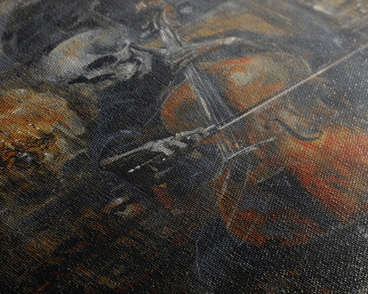 Skeleton Cellist in Gothic Cathedral | Halloween Wall Art | Spooky Home Decor | Creepy Skeleton Musician Painting | Framed Canvas Print