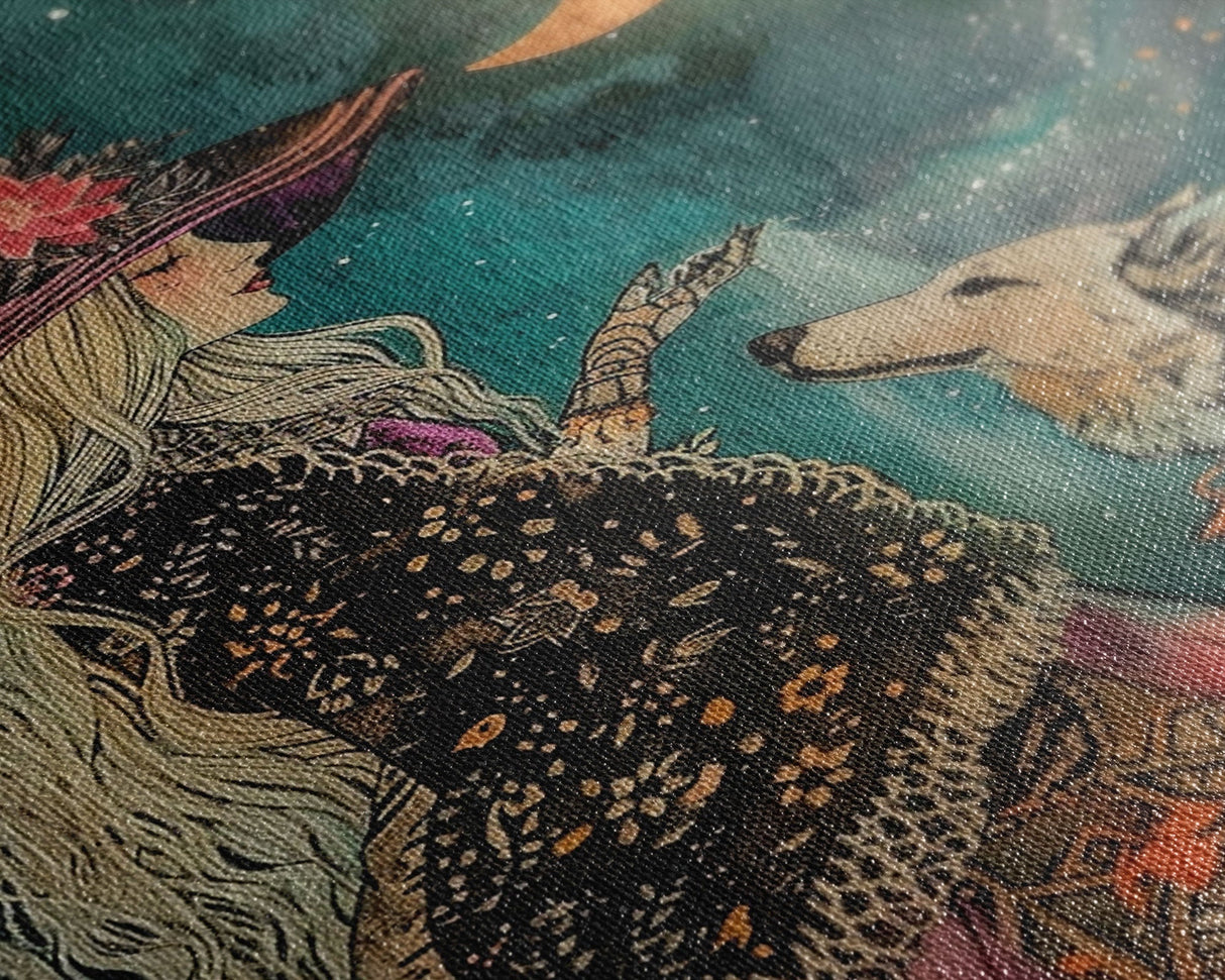 Mystical Witch and Wolf Under Crescent Moon - Halloween Wall Art - Spooky Home Decor - Perfect Halloween Gift - Witch and Wolf Painting