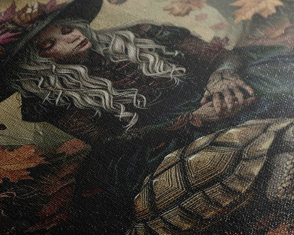 Witch with Turtle in Autumn Forest - Halloween Wall Art - Spooky Home Decor - Unique Witch Painting - Halloween Gift for Nature Lovers