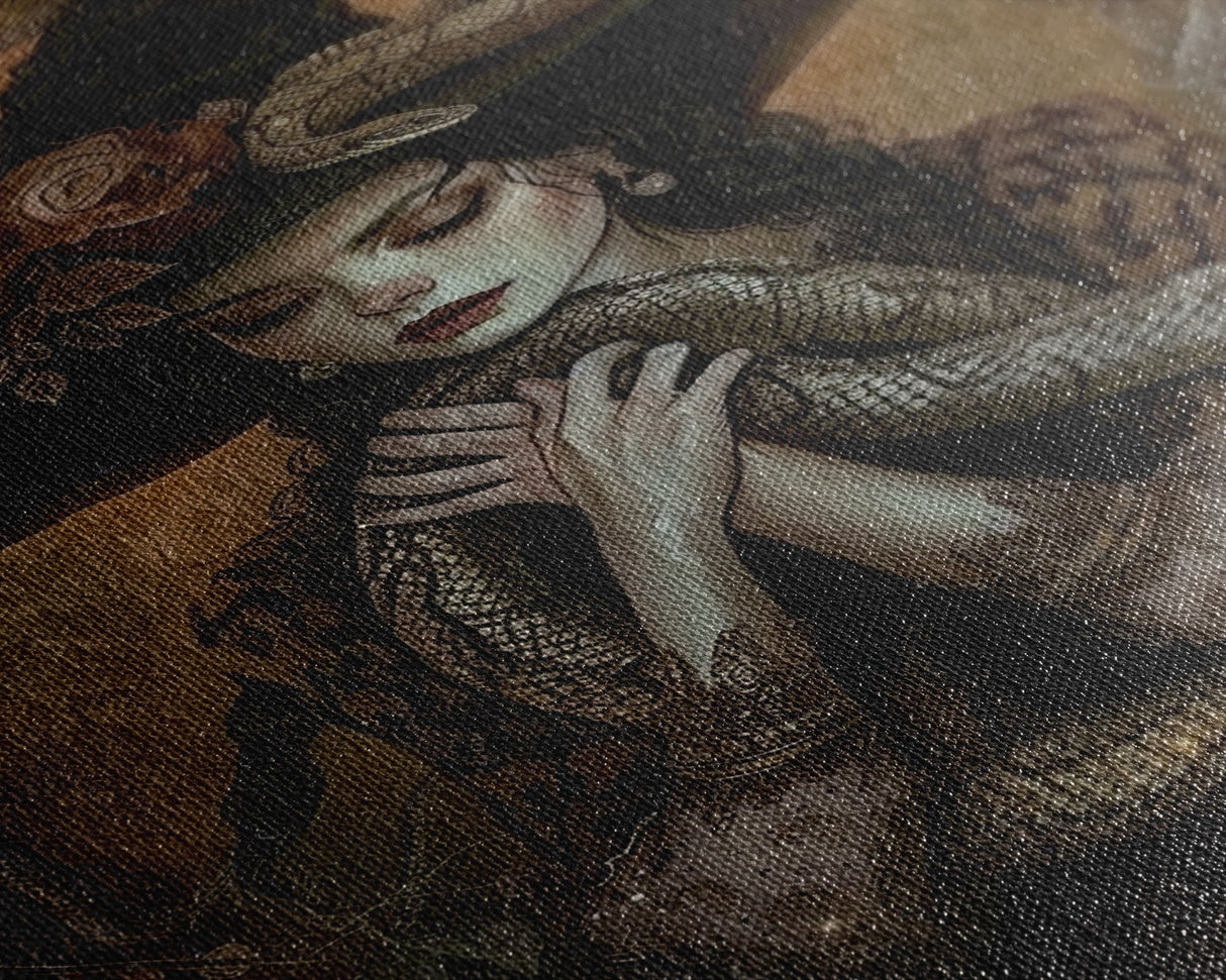 Mysterious Witch Holding Snake, Framed Canvas Print, Gothic Witch Art, Dark Fantasy Decor, Witch and Serpent, Halloween Accessories