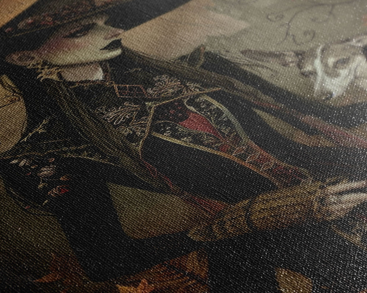 Gothic Witch with Elegant Dog, Framed Canvas Print, Dark Witch Art, Victorian Witch, Halloween Witch Decor, Gothic Home Decor