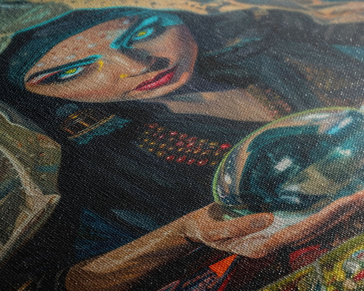 Enchanting Fortune Teller with Crystal Ball Under Moonlight - Mystical Witchcraft Framed Canvas Print, Halloween Gothic Home Decor