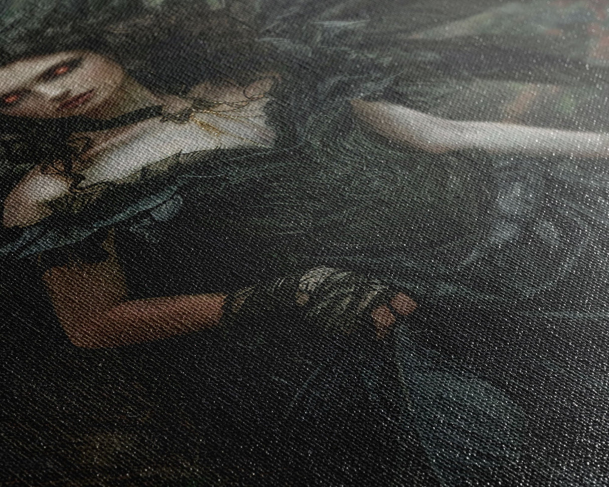 Dark Angel with Glowing Eyes in Haunted Forest - Mysterious Gothic Framed Canvas Print, Halloween Wall Art Decor