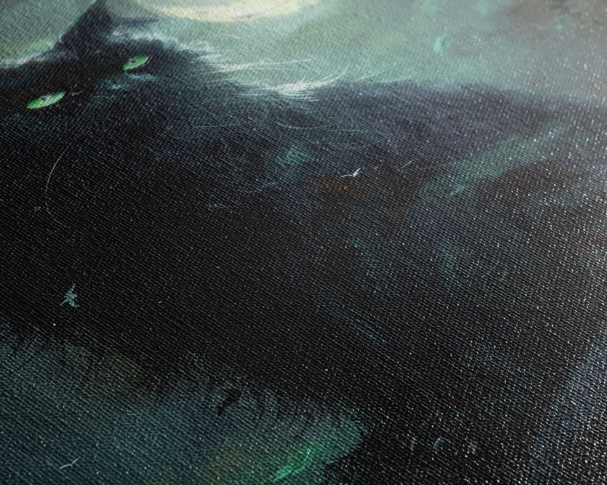 Sinister Black Cat with Green Eyes Under Moonlight - Spooky Halloween Artwork Framed Canvas Print, Gothic Home Wall Decor