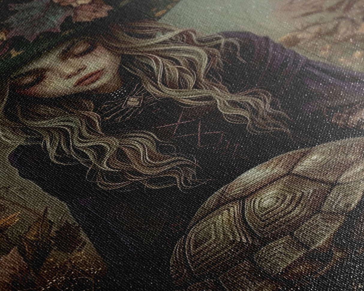 Mystical Witch with Deer in Enchanted Forest - Halloween Art Framed Canvas Print, Spooky Home Wall Decor