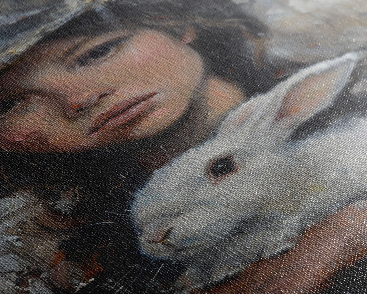 Enchanting Witch with White Rabbit in Serene Autumn Setting - Mystical Forest Art Framed Canvas Print, Halloween Home Decor