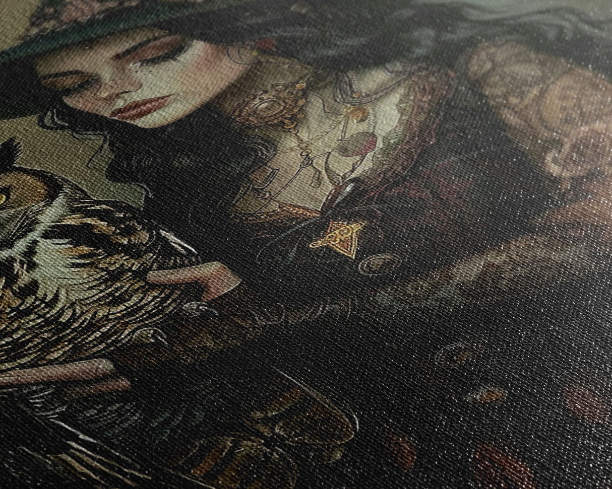 Mysterious Witch with Owl Companion - Moonlit Enchantment, Mystical Beauty Framed Canvas Print, Halloween Wall Art