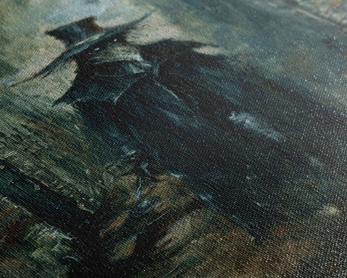 Ghostly Figure in Victorian Attire - Eerie Night Stalker Gothic Art Framed Canvas Print, Halloween Haunted House Decor