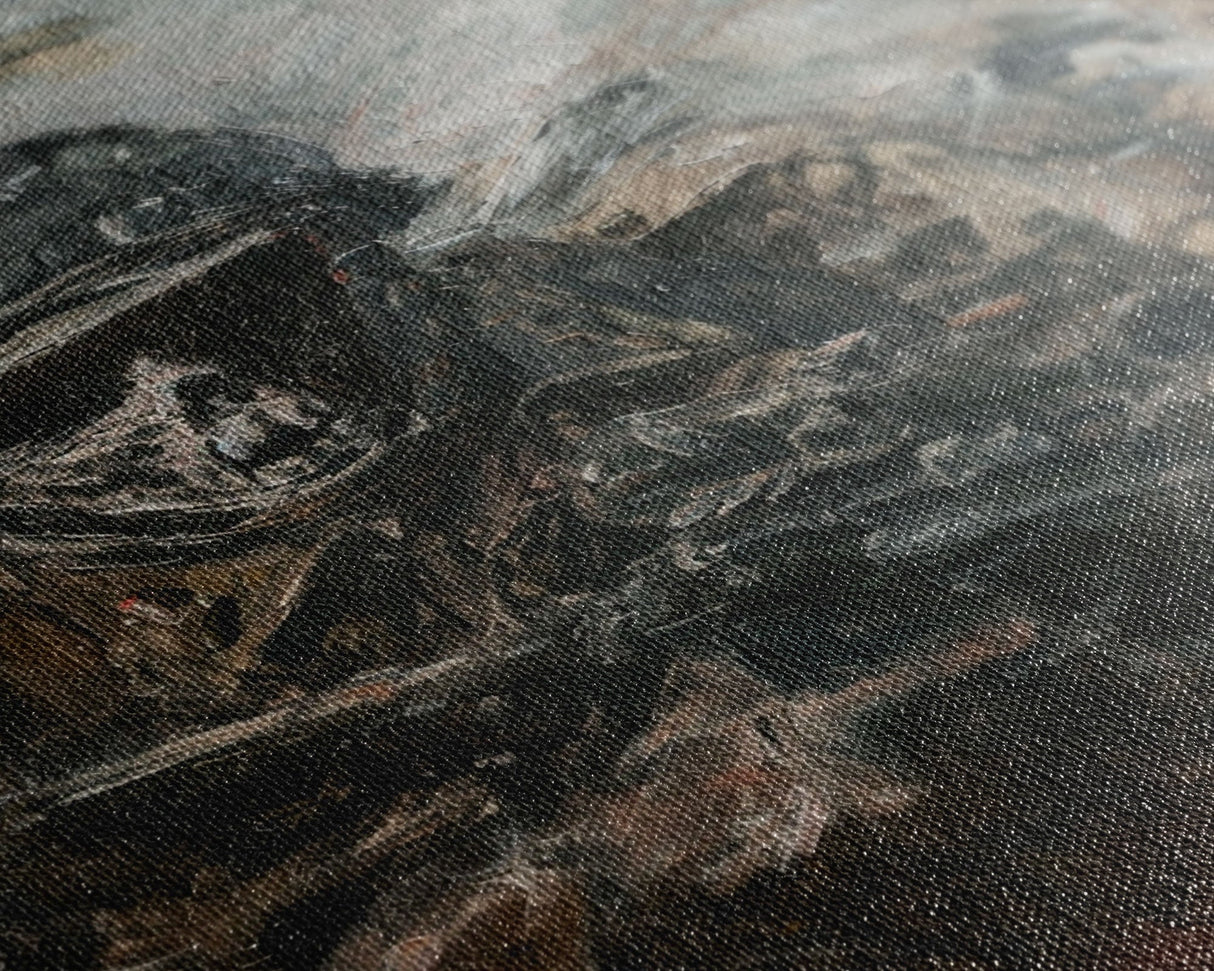 Skeletal Soldier in Battle - Haunting War Scene Gothic Art Framed Canvas Print, Spooky Halloween Decor