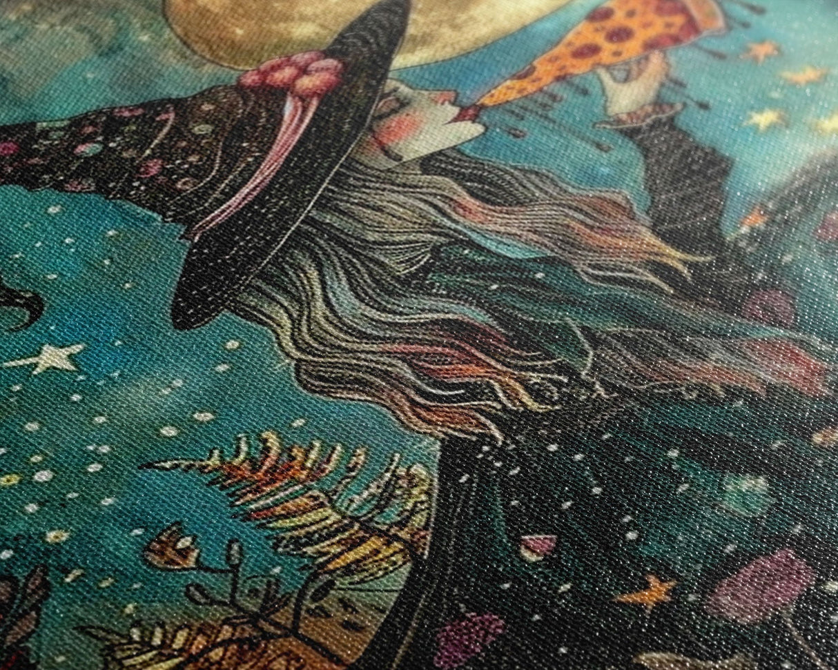 Spring Witch and Her Slice Of Pizza, Framed Canvas Print, Cute / Funny Halloween Art