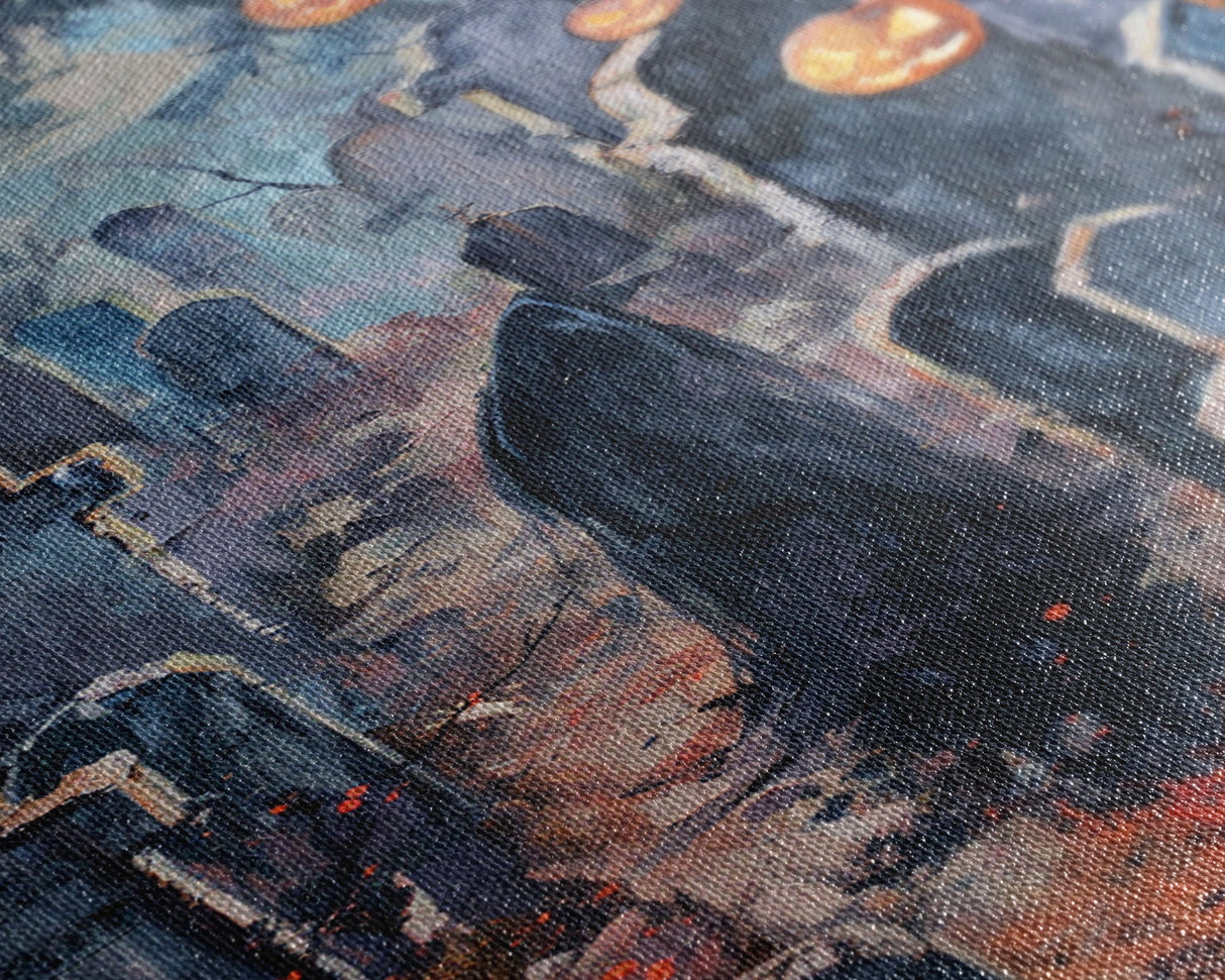 Jack-o'-Lantern Graveyard Canvas Print - Halloween Art, Spooky Home Decor, Cemtary Wall Art Pumpkin Art Halloween Decor, Framed Canvas Print