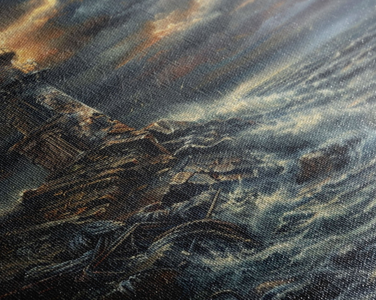 Eerie Castle on Cliff, Halloween Art Print, Spooky Home Decor, Framed Canvas Print, Creepy Art, Halloween Wall Decor, Seasonal Wall Art