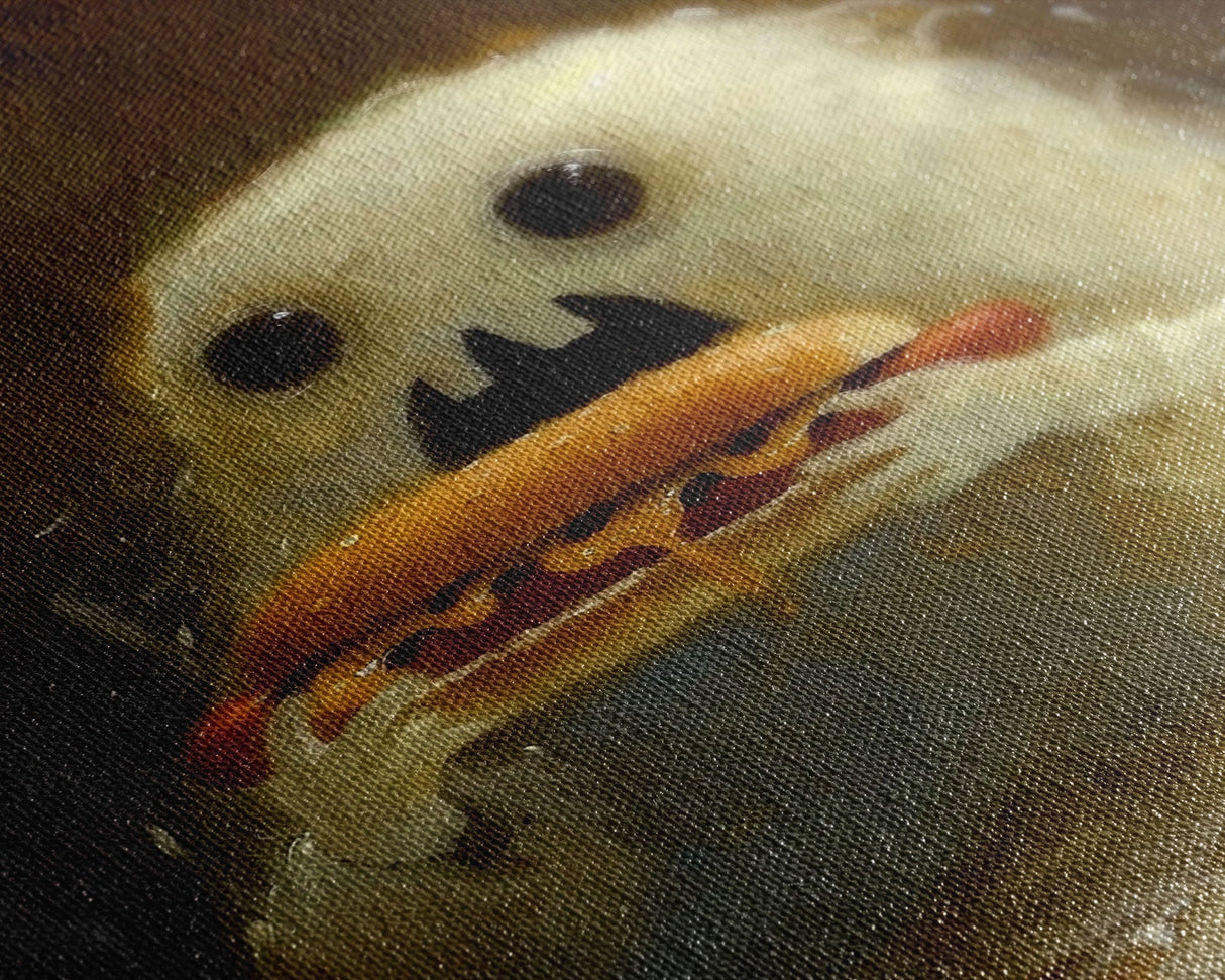 Cute Ghost Chompin on A Hot Dog, Ghostly Hot Dog Thief, Framed Canvas Print, Funny Halloween Spooky Season Art