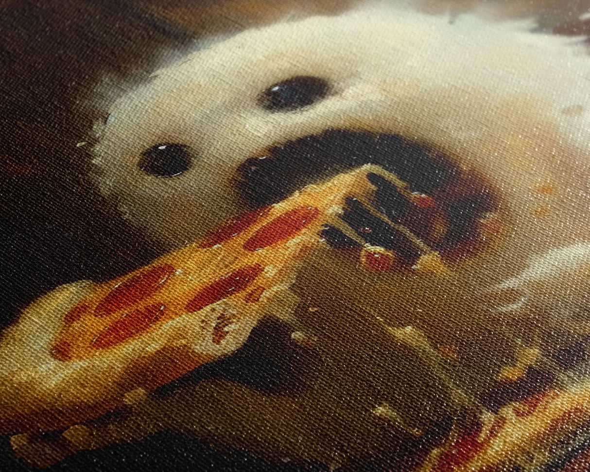 Cute Ghost Chompin on A Pizza, Ghostly Pizza Pirate, Framed Canvas Print, Funny Halloween Spooky Season Art