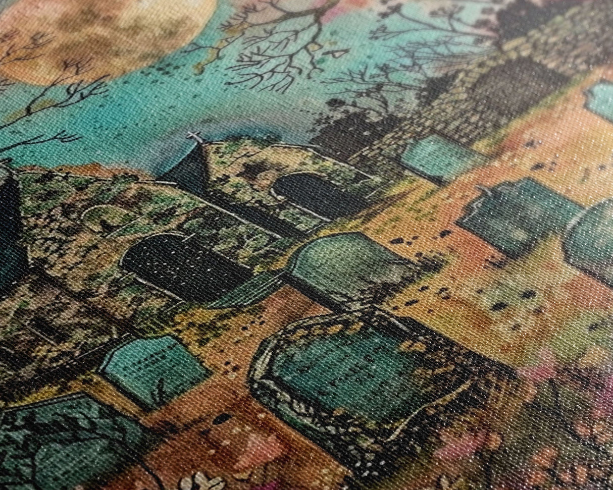 Haunted Churchyard Framed Canvas Print, Halloween Art, Gothic Cemetery, Spooky Church, Haunted Scene, Eerie Moonlight, Halloween Decor