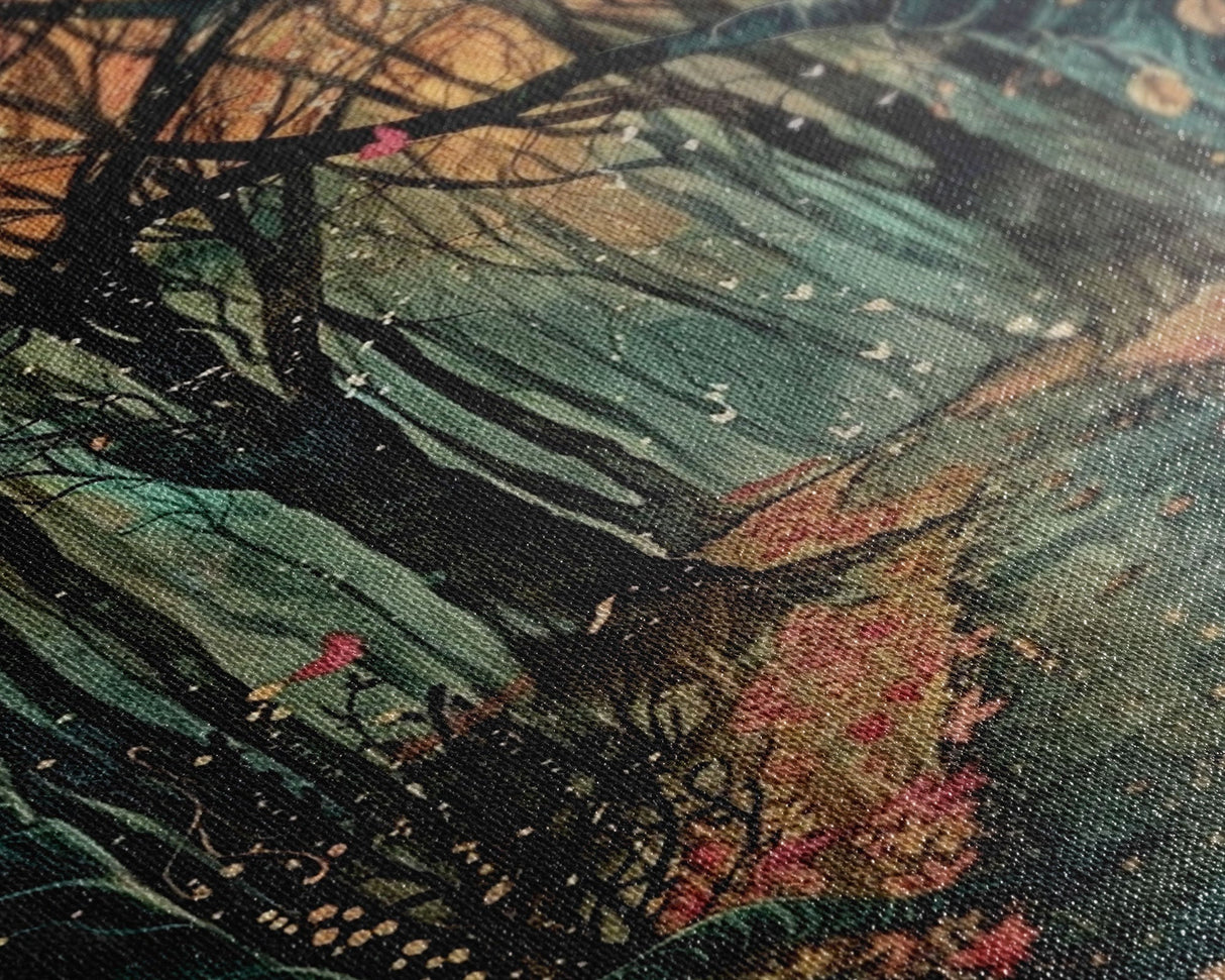 Haunted Pathway Through the Woods Framed Canvas Print, Spooky Forest Art, Halloween Night Scene, Mysterious Path Decor, Framed Canvas Print