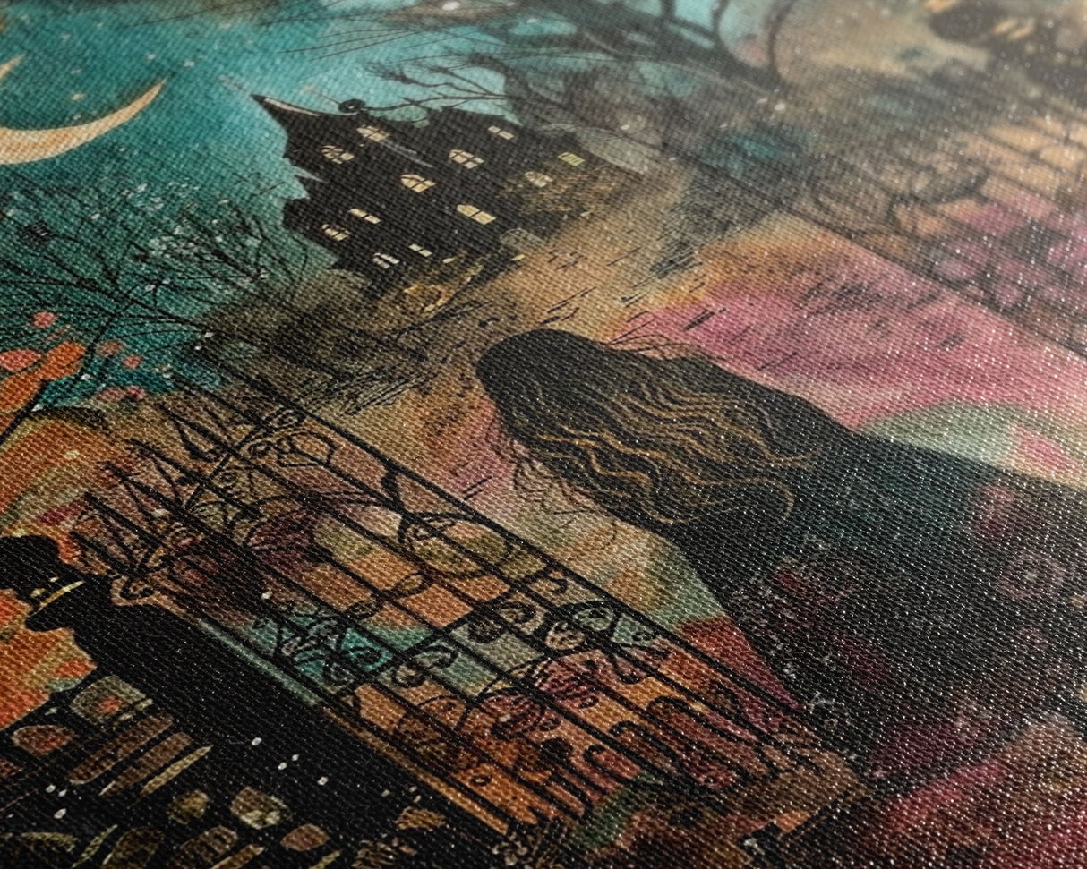 Gothic Mansion in the Forest Framed Canvas Print, Spooky Haunted House Art, Halloween, Eerie Decor, Haunted Artwork, Framed Canvas Print