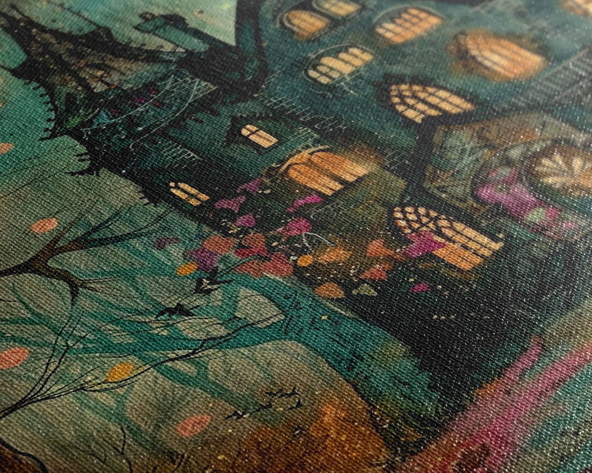 Haunted Mansion On Halloween, Framed Canvas Print, Spooky Vibes Wall Art