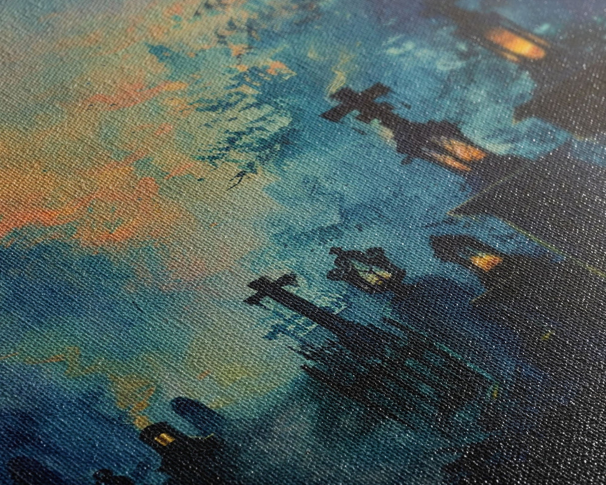 Haunted Cemetery Framed Canvas Print, Halloween Wall Art, Gothic Graveyard Art, Spooky Lantern Decor, Cemetery Lights, Horror Home Decor